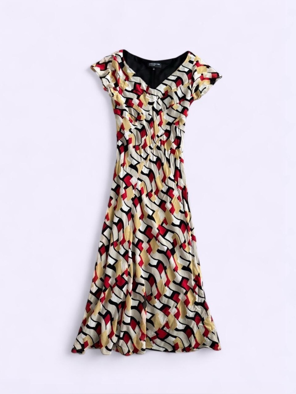 Jones New York 100% Silk Geometric Print Lined Midi Dress Wing Sleeve